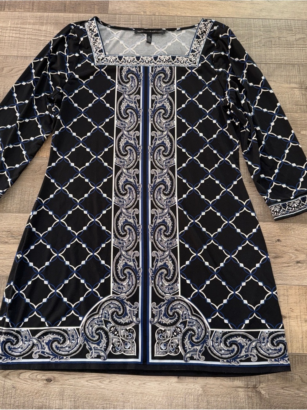 White House black market black and Blue Patterned Square-Neck Women's Dress